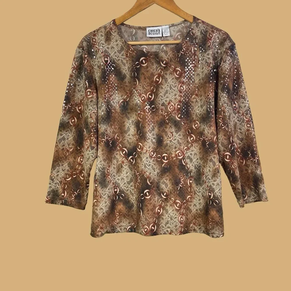 Vintage Chicos Blouse Size 3 Large Chicos BlouseShimmer Rusty Brown Red Cream - Picture 2 of 16